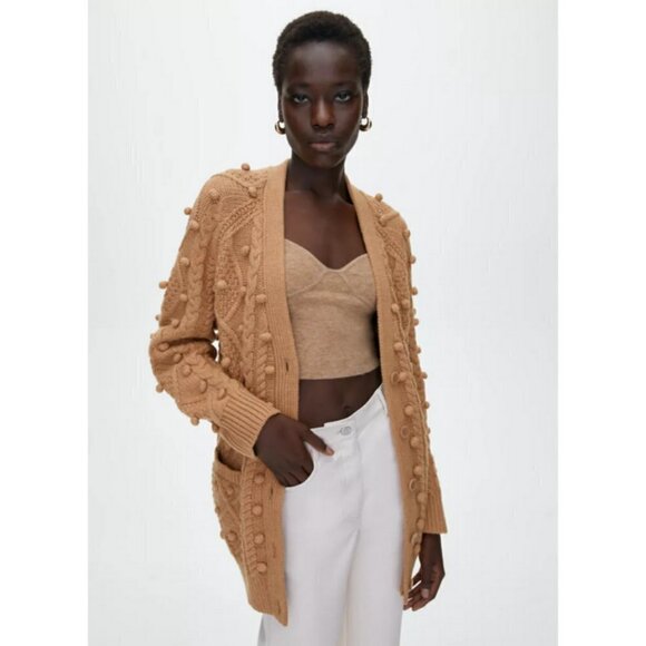 💕ARITZIA WILFRED💕 Alps Cardigan ~ Pom Pom Cable Knit Antique Beige Small - Picture 2 of 16